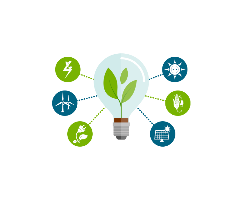 El elemento central es una bombilla que contiene plantas, simbolizando la sostenibilidad y la generación de energía limpia.