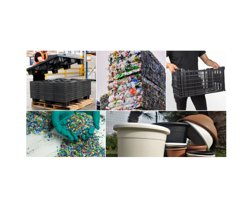 ilustración del proceso industrial de reciclaje de plástico, mostrando la transformación de residuos en nuevas materias primas y productos.