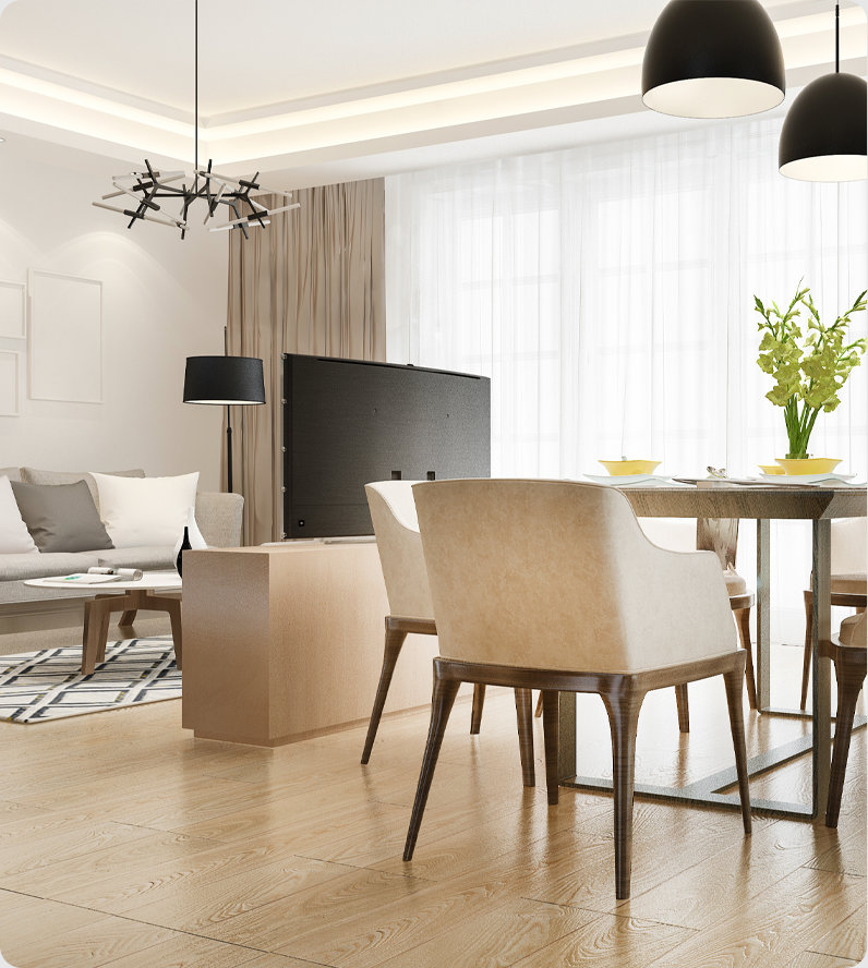 muebles y elementos decorativos de estilo moderno y escandinavo